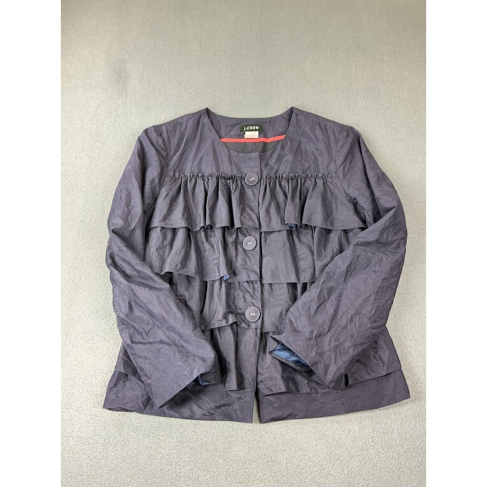 J.CREW Jacket Womens 4 Blue 100% Silk Taffeta Collarless Ruffle Button Lined